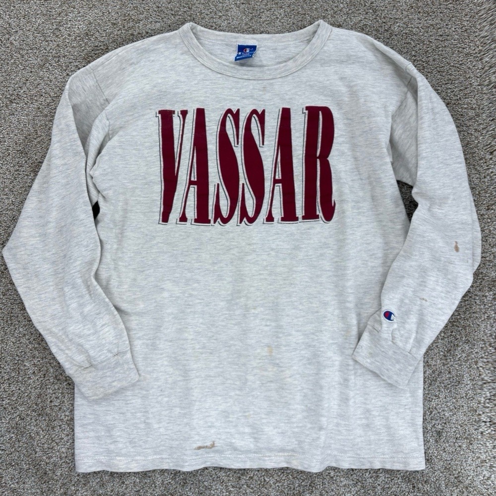 Vintage Champion Vasser College Long Sleeve T-Shirt Mens L Heather Gray USA Made